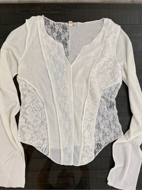POL White Lace-Trim Knit Top